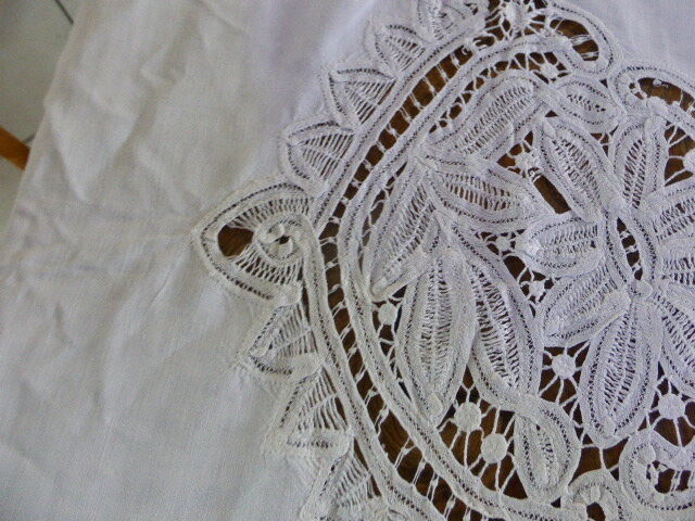White tablecloth lace and embroidered linen, art deco, old
