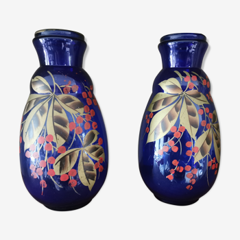 Pair of old blue painted glass vases