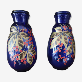 Paire de vases anciens bleu en verre  peints