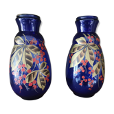 Pair of antique blue painted glass vases