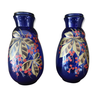 Paire de vases anciens bleu en verre  peints