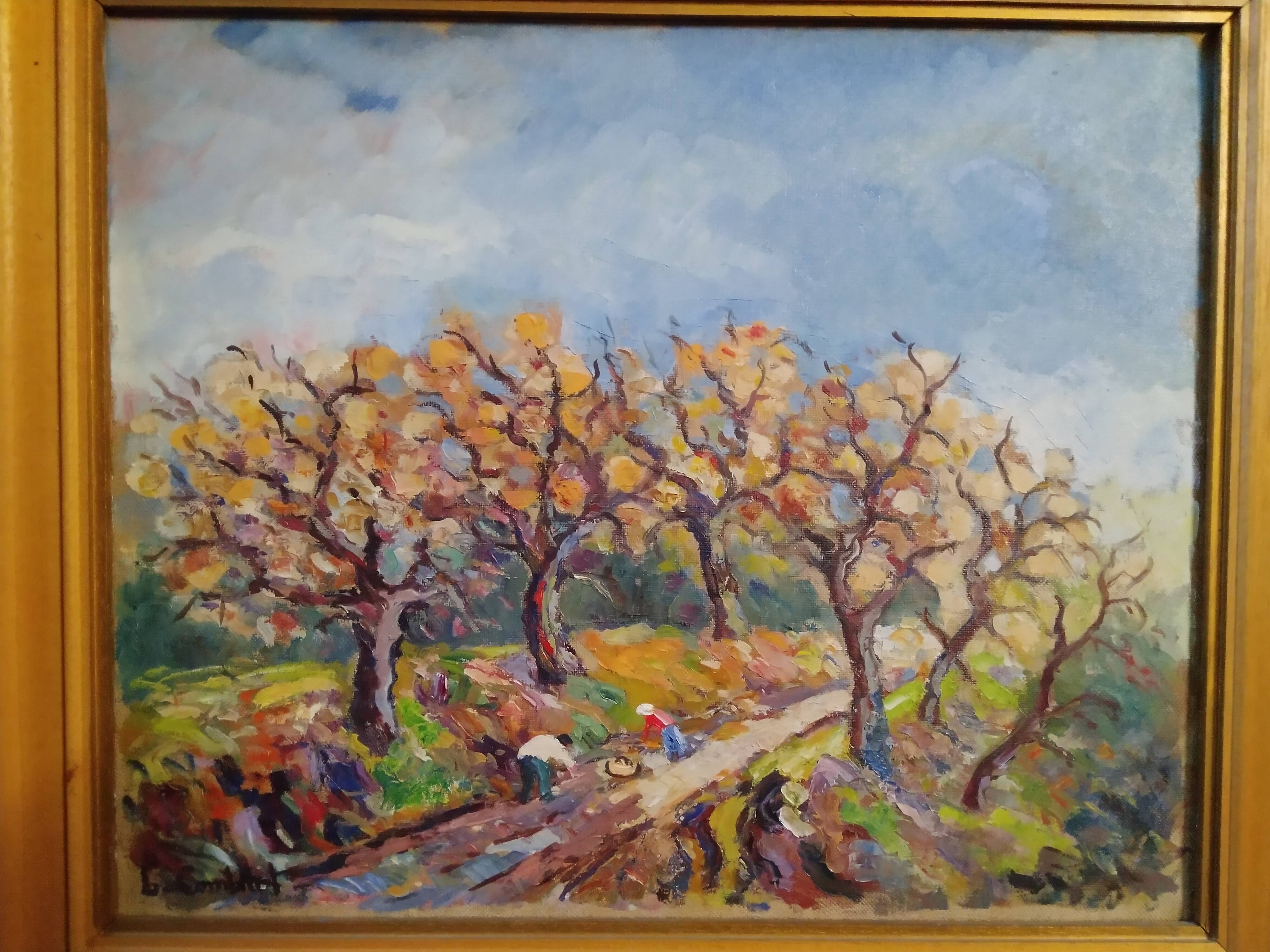 Oil painting on canvas "Chestnut gatherers" Louis Combalot