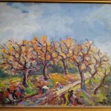 Tableau huile sur toile "Ramasseurs de châtaignes" Louis Combalot