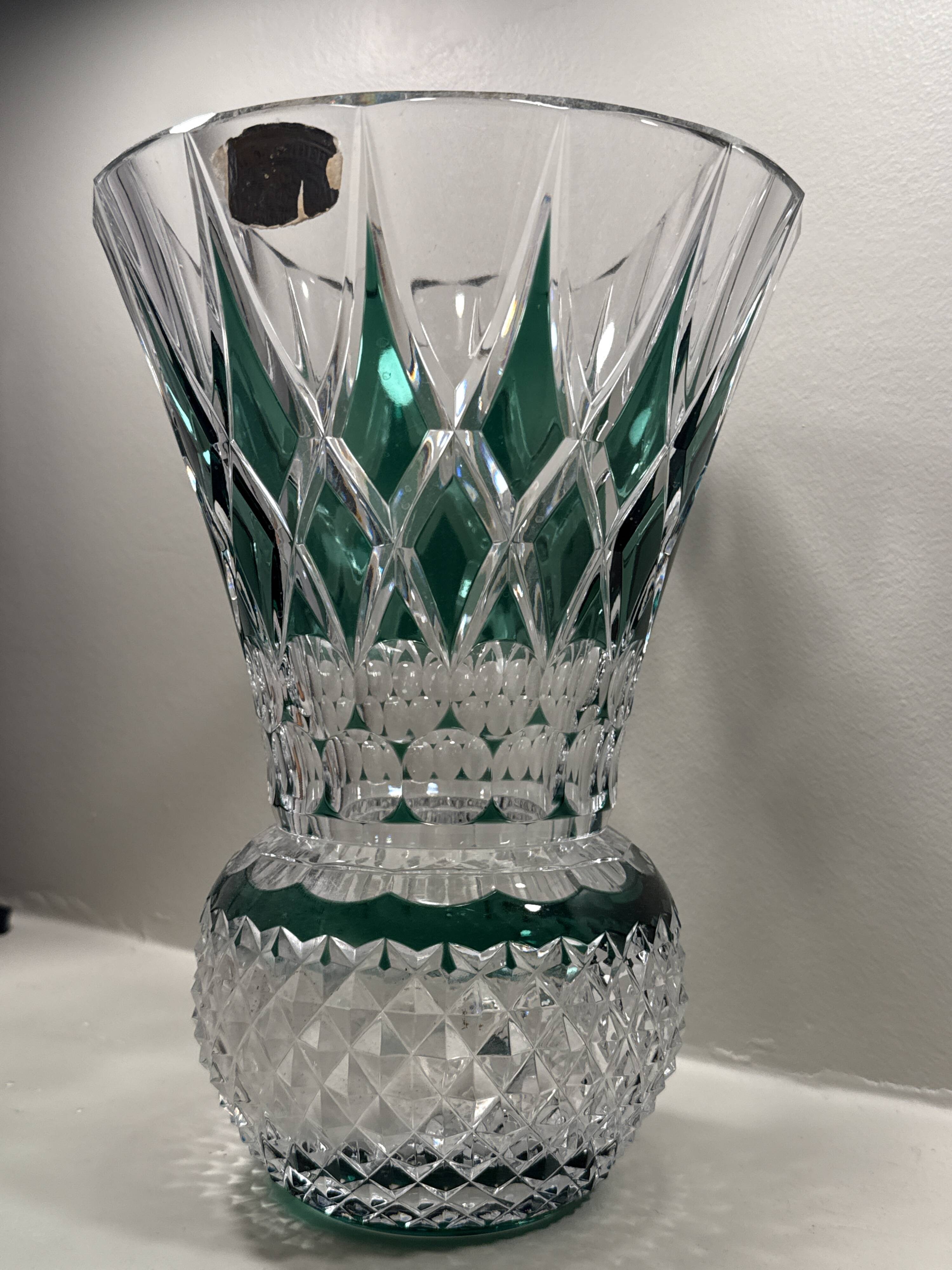 Val Saint-Lambert "Pineapple" vase in double-layered and cut green crystal. Height: