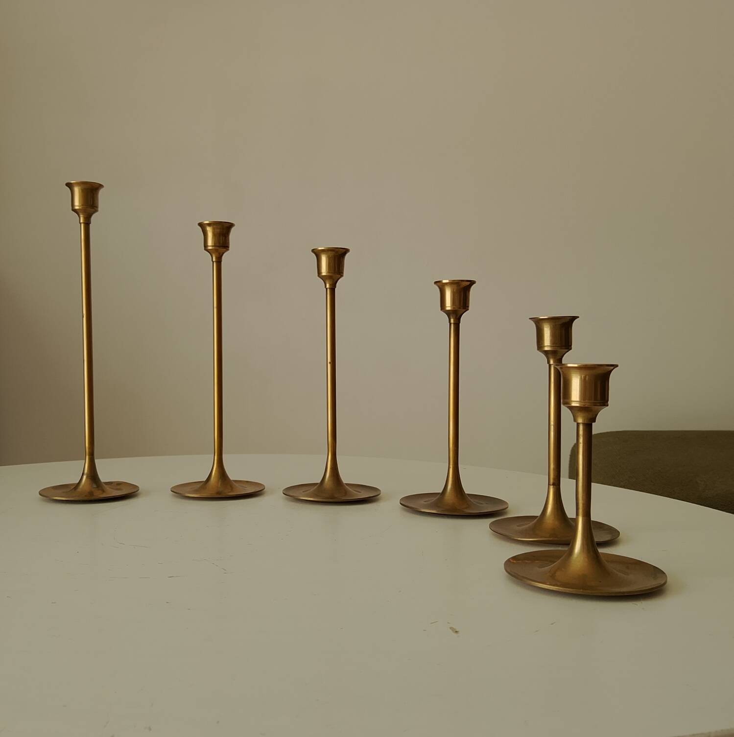 Set of 6 Scandinavian brass candle holders from the 1960s.
