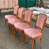 4 Louis XVI dining chairs in solid wood and pink velvet from the 20th century.