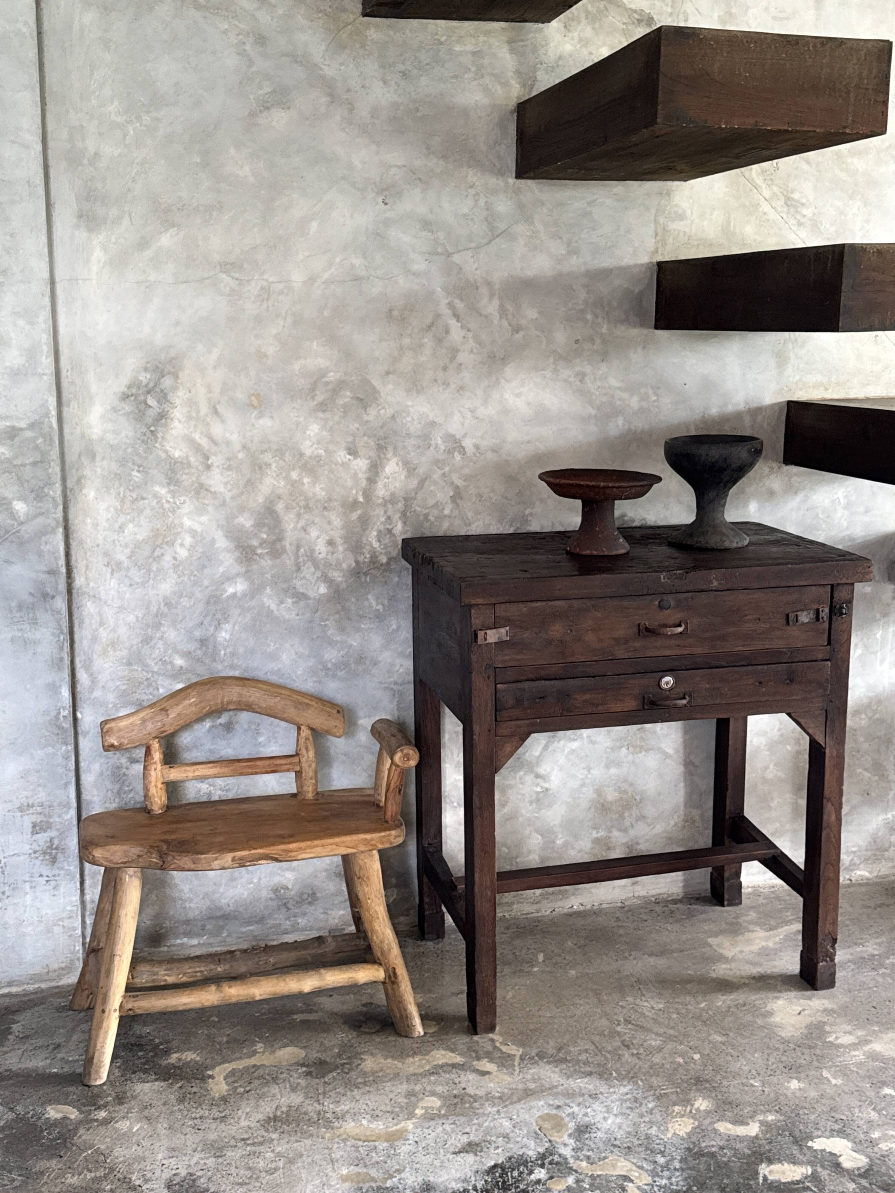 Antique Indonesian teak workbench with two drawers and stretcher H89.