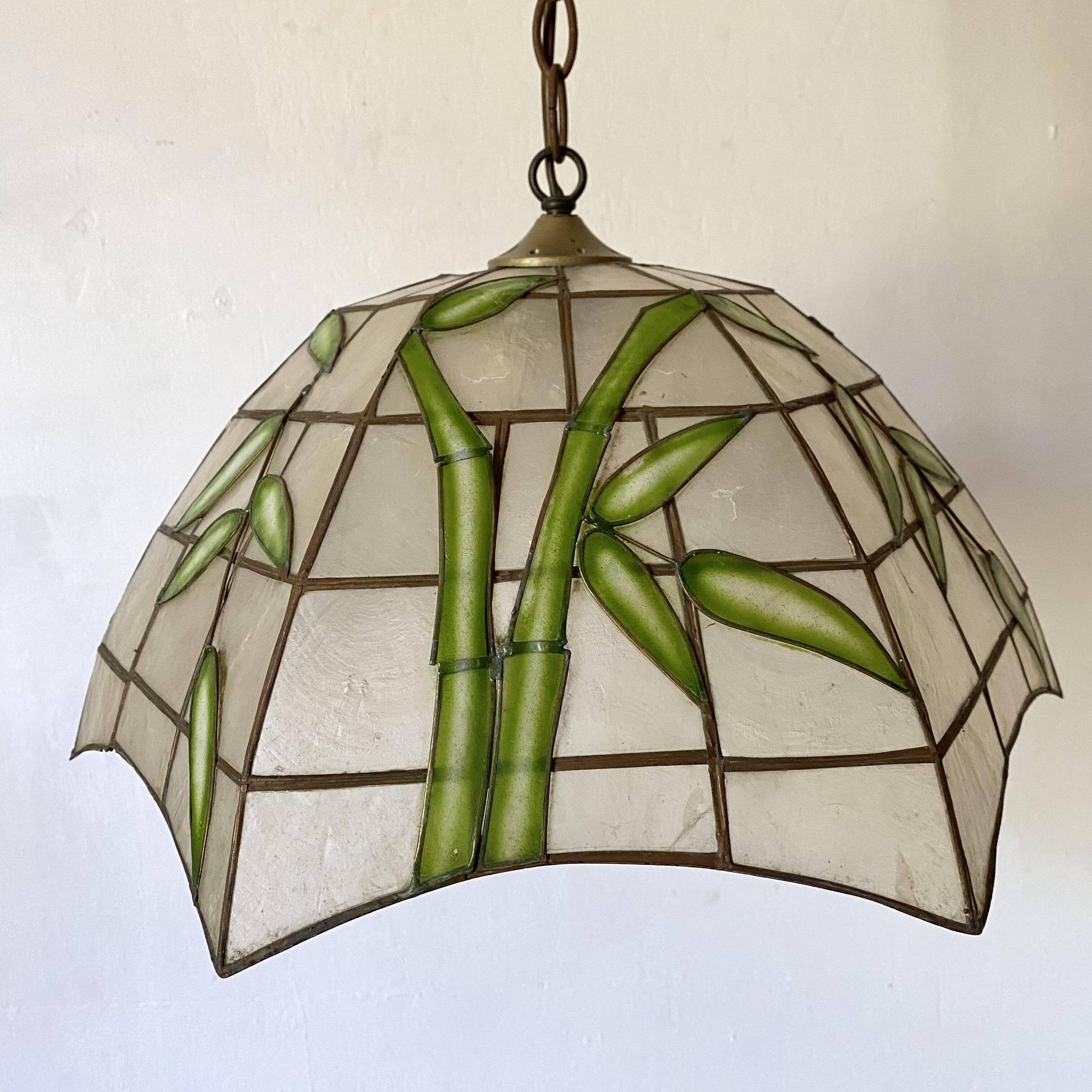 Pendant lamp in mother-of-pearl and brass with bamboo decor
