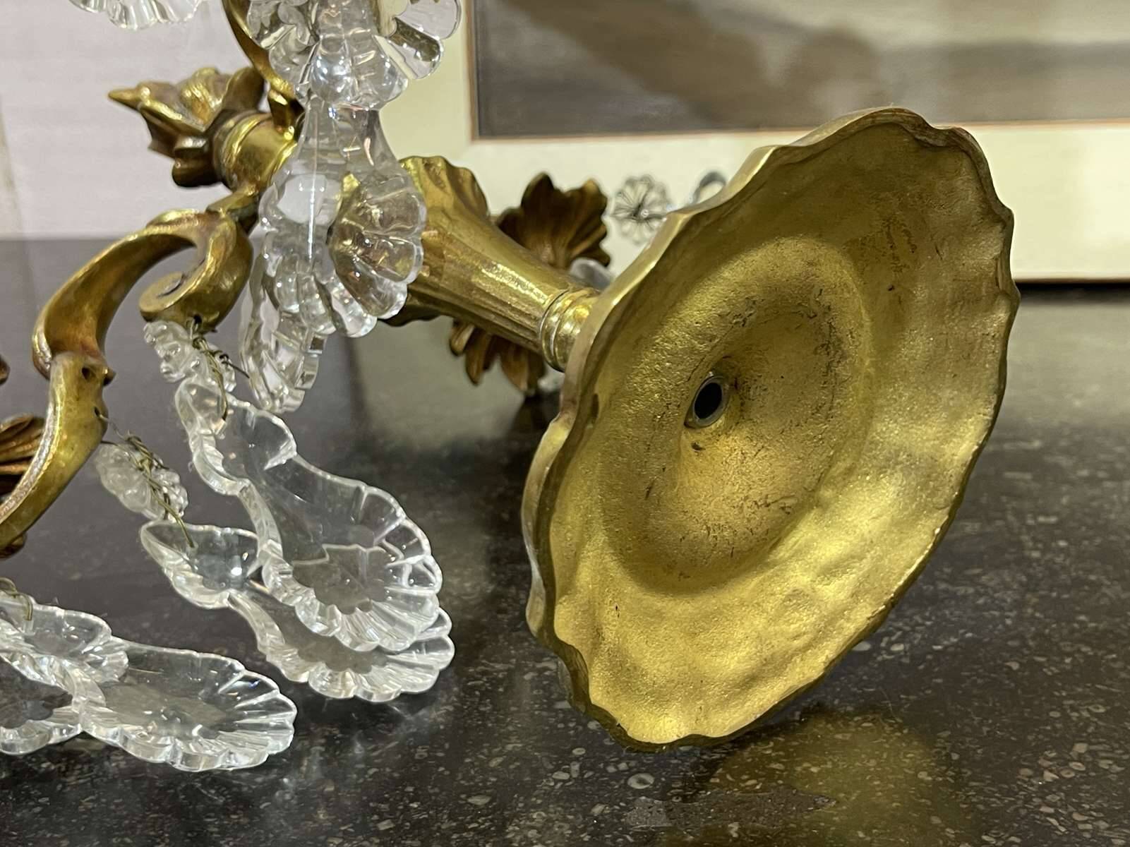 Pair of bronze chandeliers with crystal drops from the 1960s