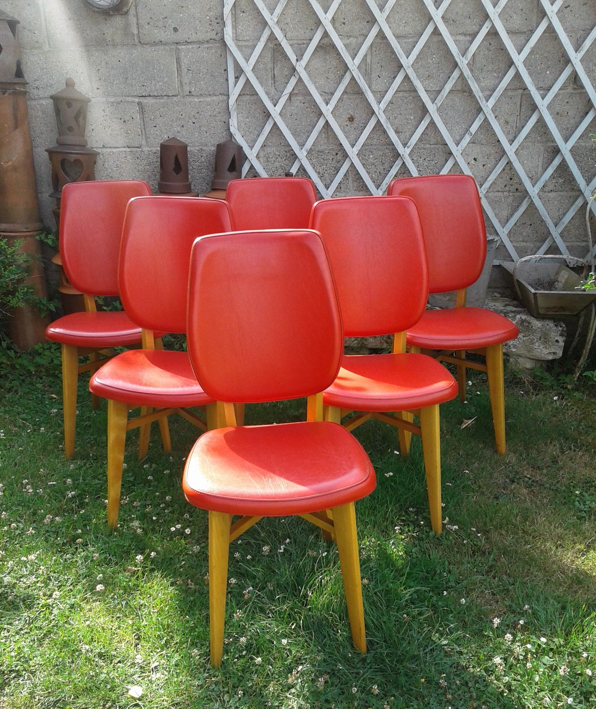Set of 6 chairs in wood covered with red skai