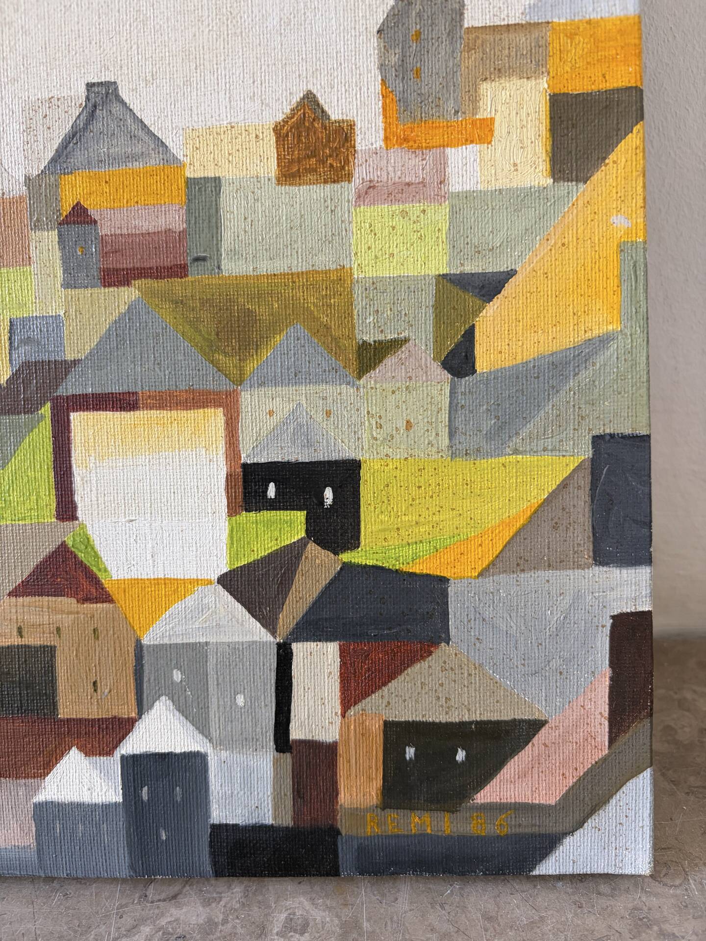 Cubist city, oil on canvas signed Remi 1986