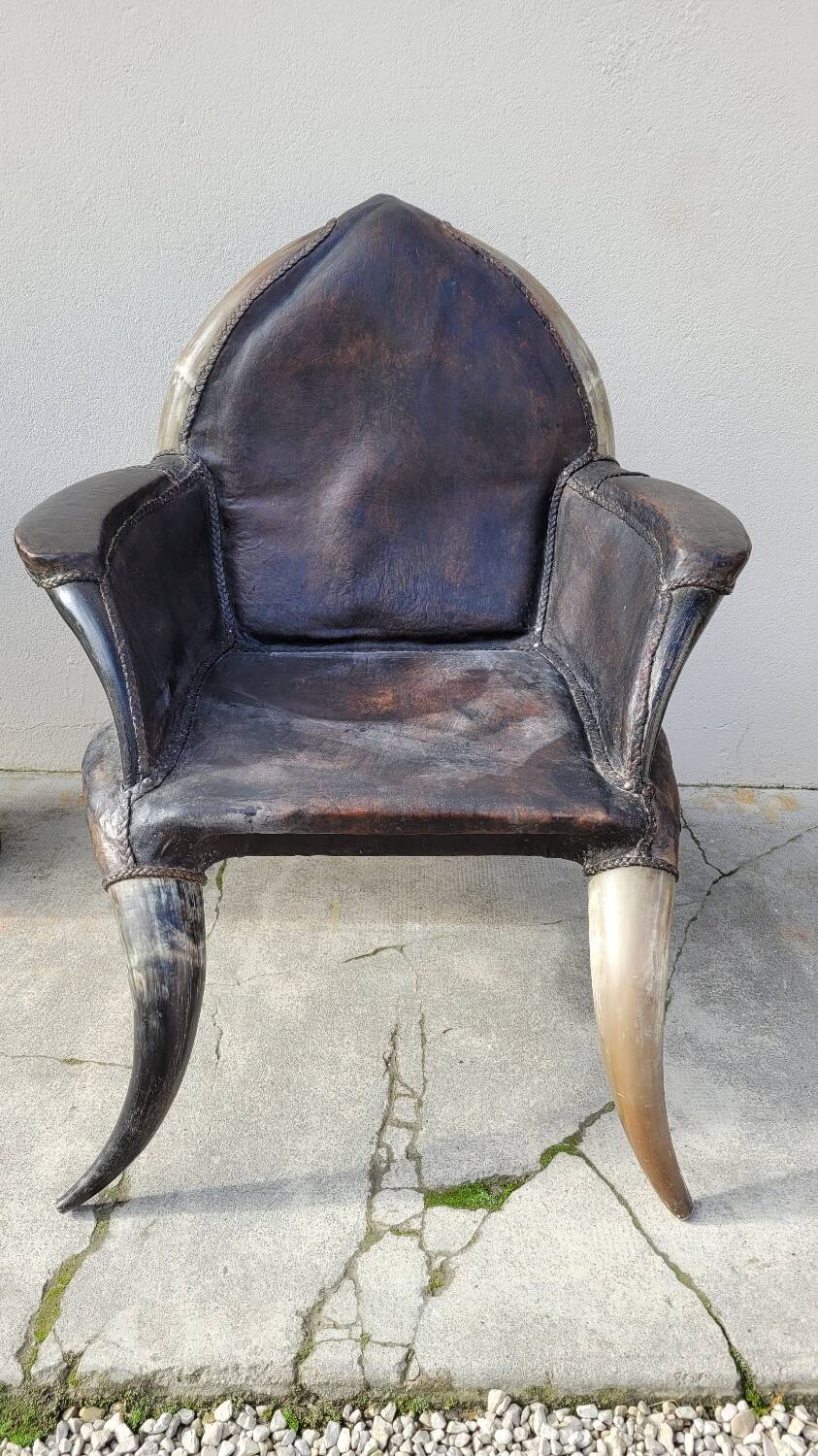 Fauteuil en corne et cuir ancien - 1950s