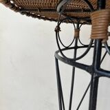 Vintage round table in woven rattan and black wrought iron – 1950s / 1960s