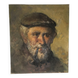 Oil on canvas portrait of an old man with a pipe