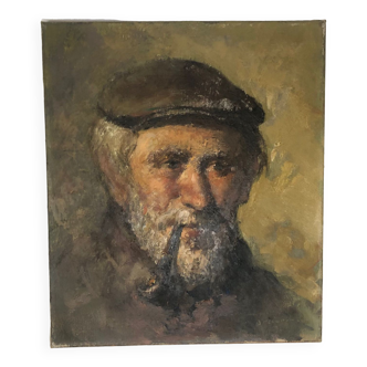 Portrait huile sur toile d’un vieil homme à la pipe