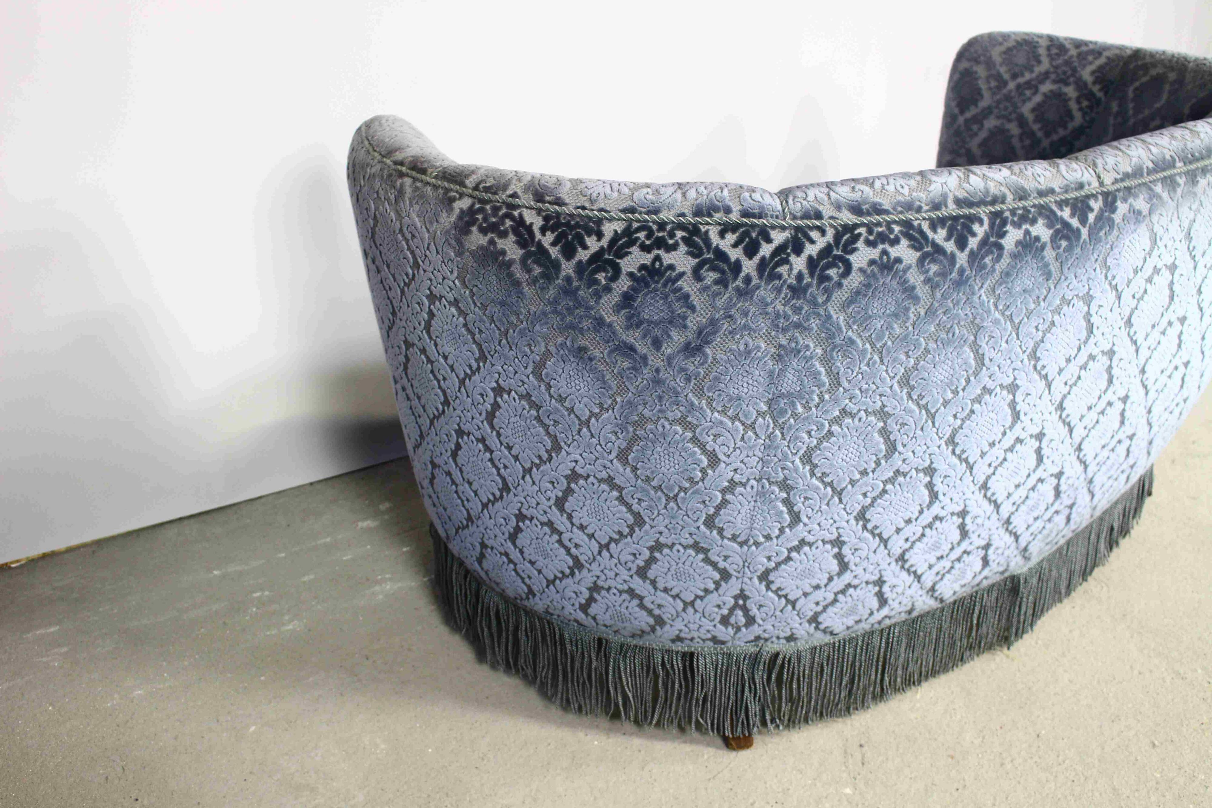 Art deco blue velvet banana sofa, denmark 1950s