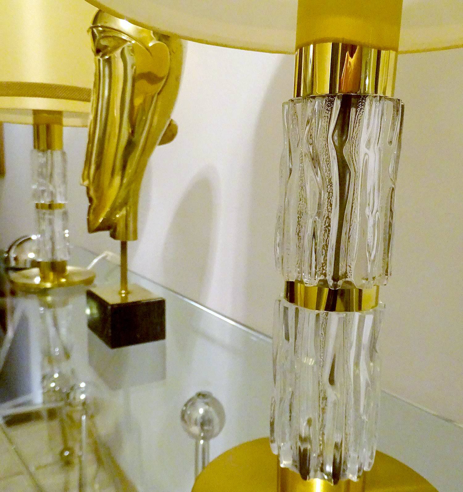 Pair Large Vintage Lamps, Glass & Brass