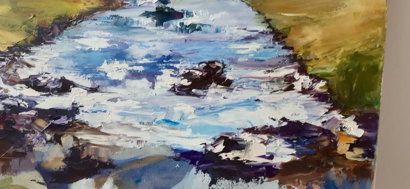 Painting oil on canvas landscape river mountains vintage