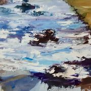 Painting oil on canvas landscape river mountains vintage