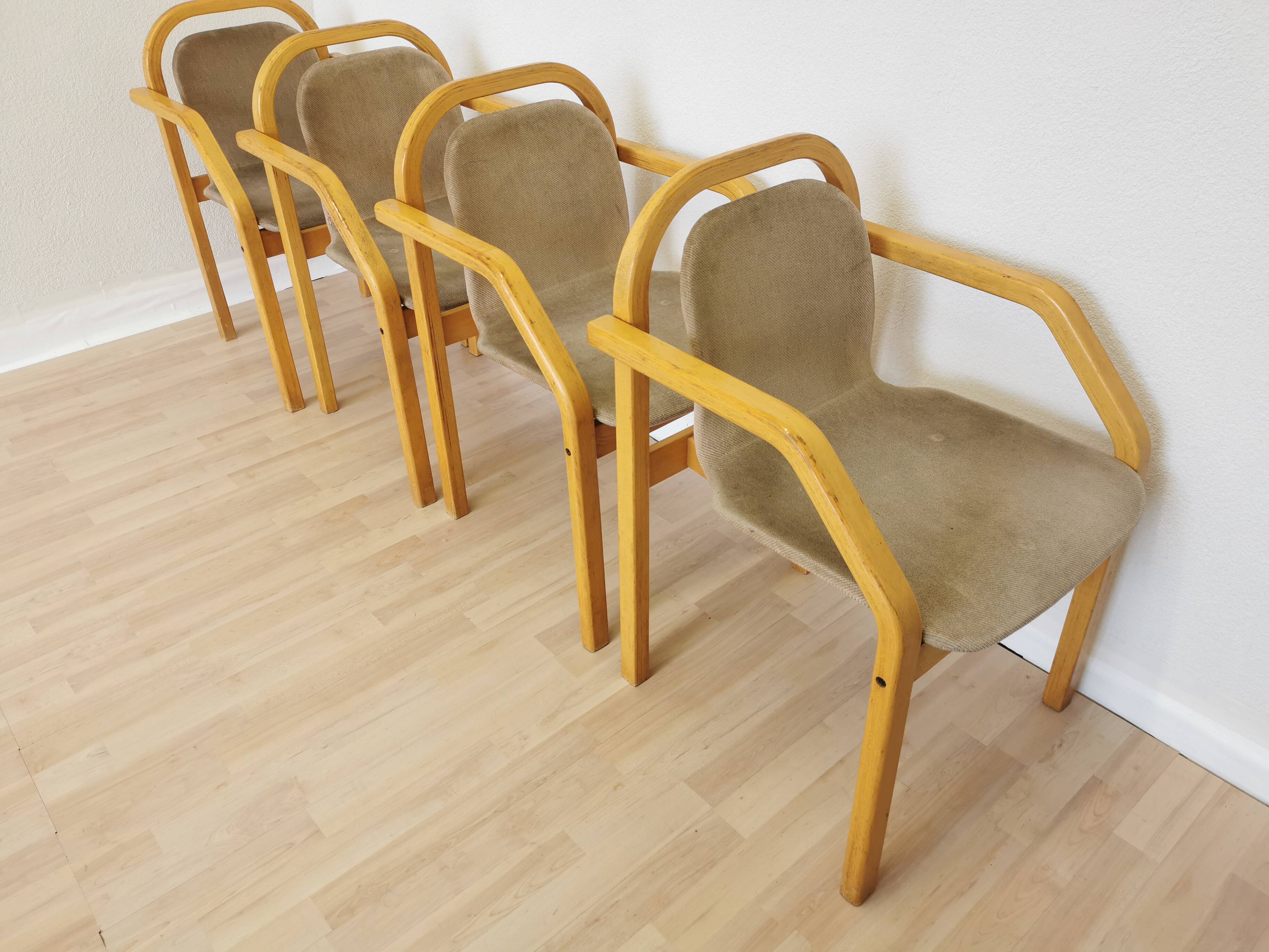 Set of 4 Vintage Beech Wood Dining Chairs: 1970s Space Age Gray Fabric