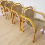 Set of 4 Vintage Beech Wood Dining Chairs: 1970s Space Age Gray Fabric