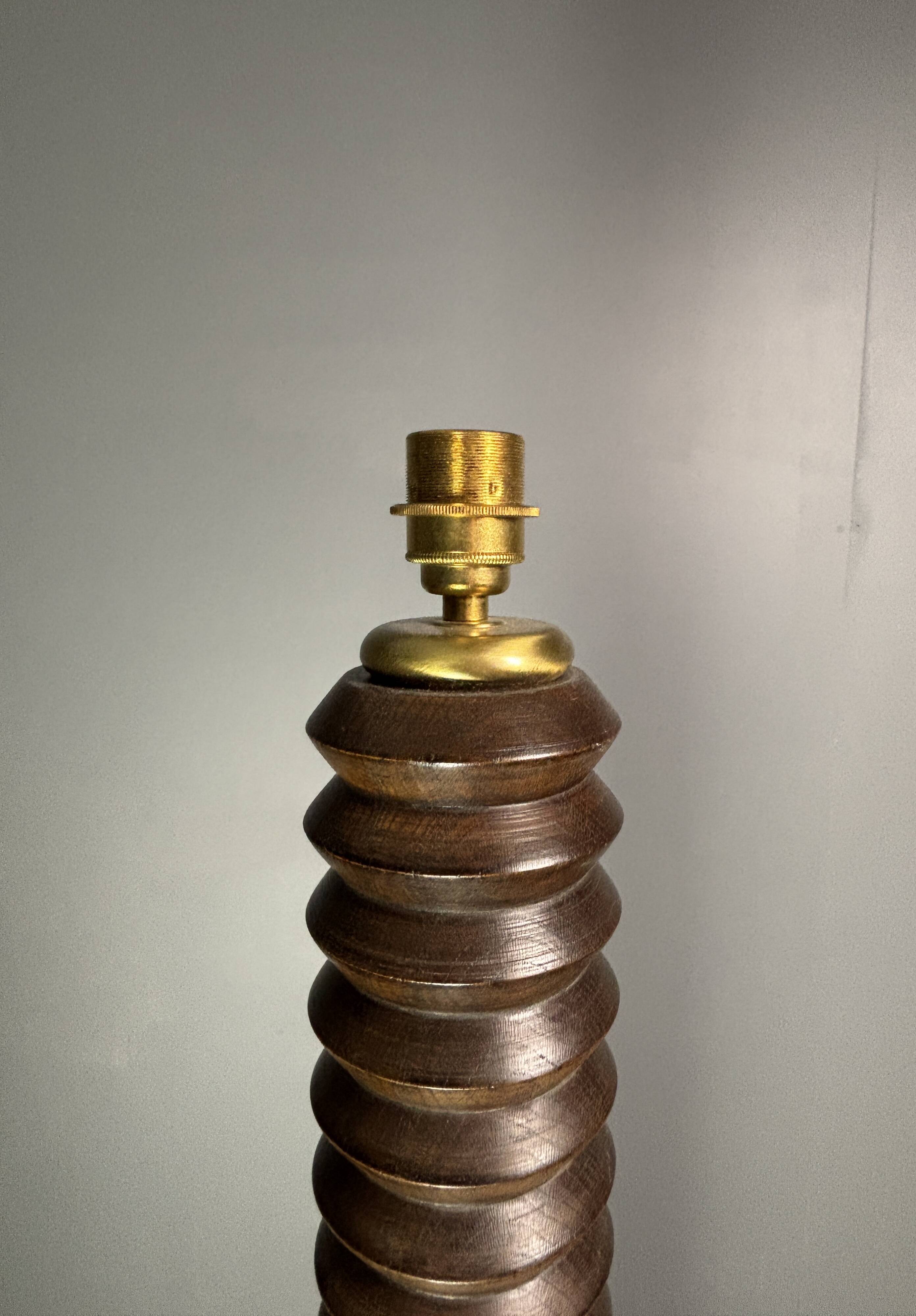 Midcentury brutalist chunky wood turned floor lamp, Charles Dudouyt style.