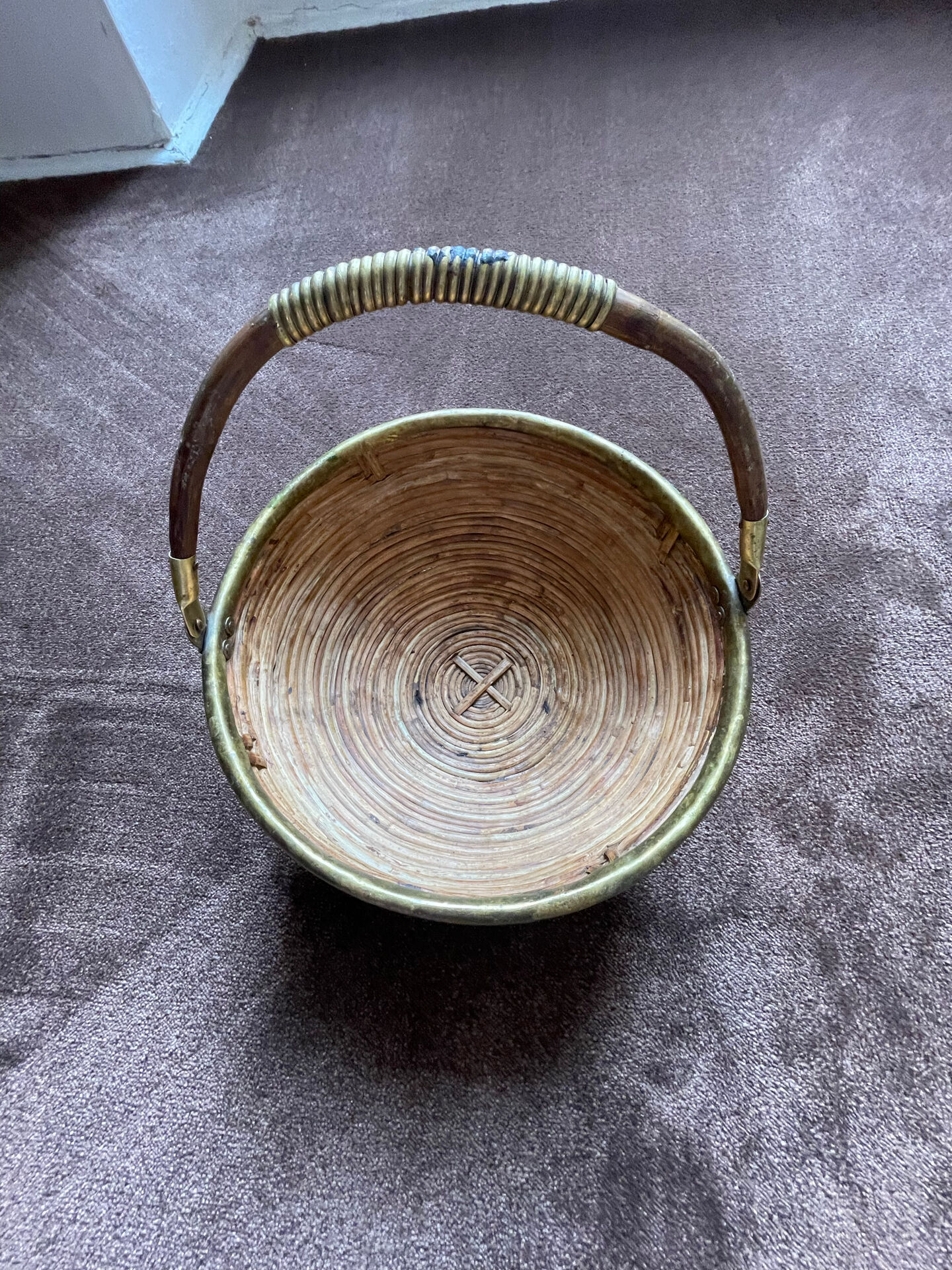 Vintage rattan and brass basket