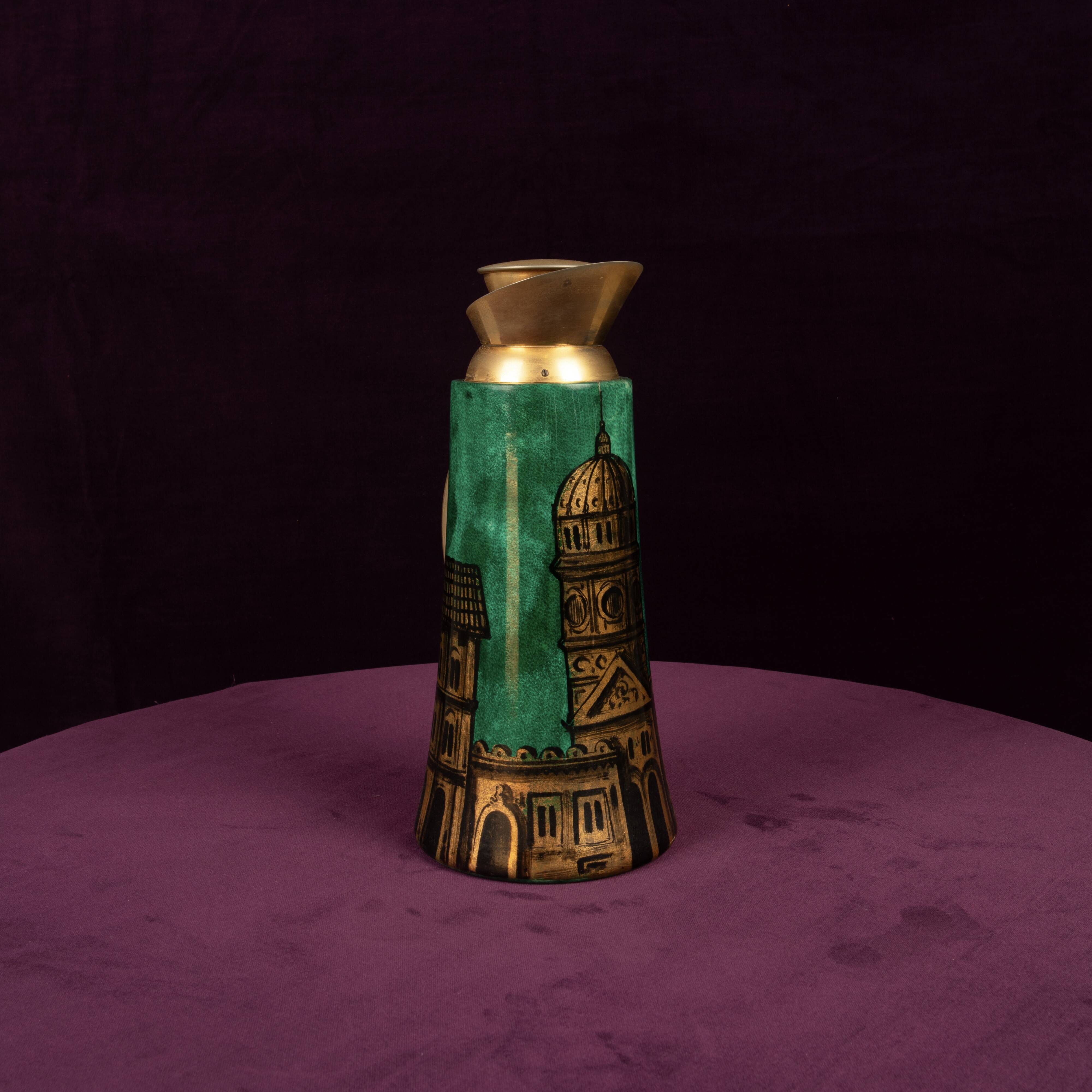 Aldo Tura Mod. 968D Hand-Decorated Green Goatskin Parchment Thermos Italy 1960