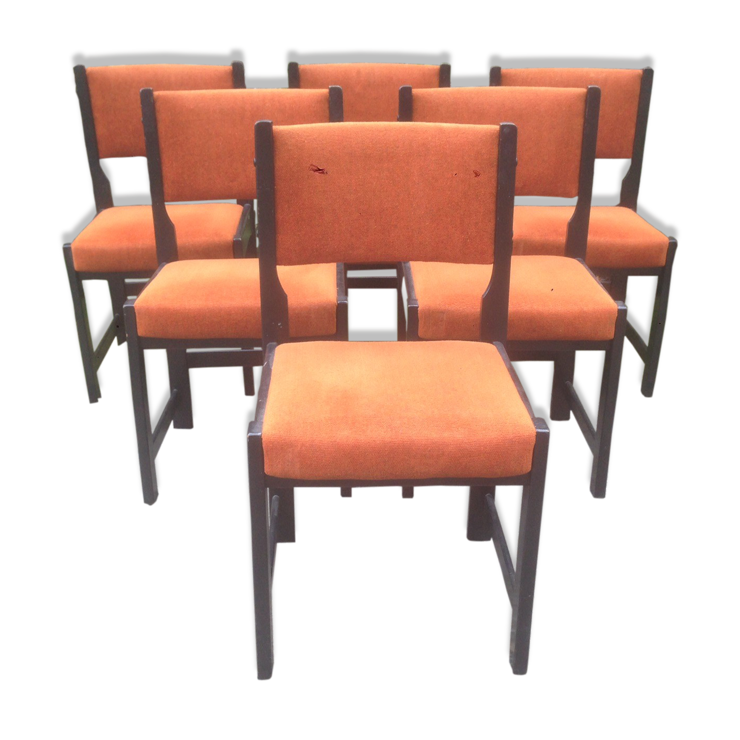Series of 6 vintage chairs in orange fabric and black lace-up.