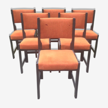 Série de 6 chaises vintage en tissu orange et bois laqué noir.