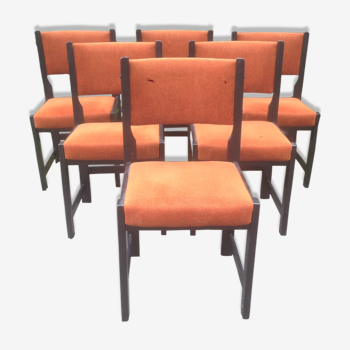 Series of 6 vintage chairs in orange fabric and black lace-up.