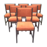 Series of 6 vintage chairs in orange fabric and black lace-up.