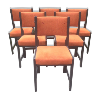Series of 6 vintage chairs in orange fabric and black lace-up.