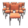 Série de 6 chaises vintage en tissu orange et bois laqué noir.