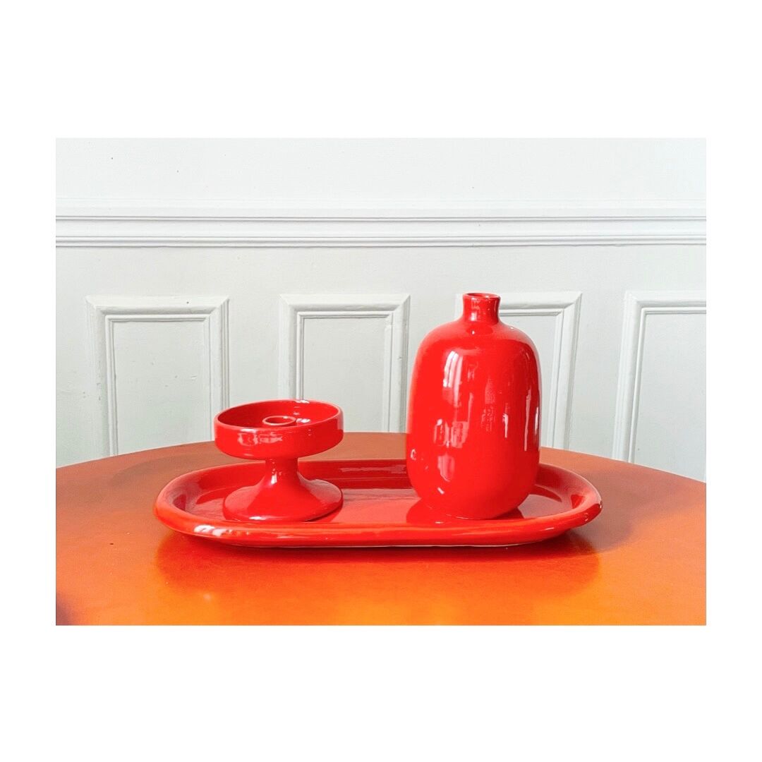 Oval red ceramic dish Italy 60s