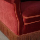 Pair of modern Danish lounge chairs, cherry red velvet, 1950s.