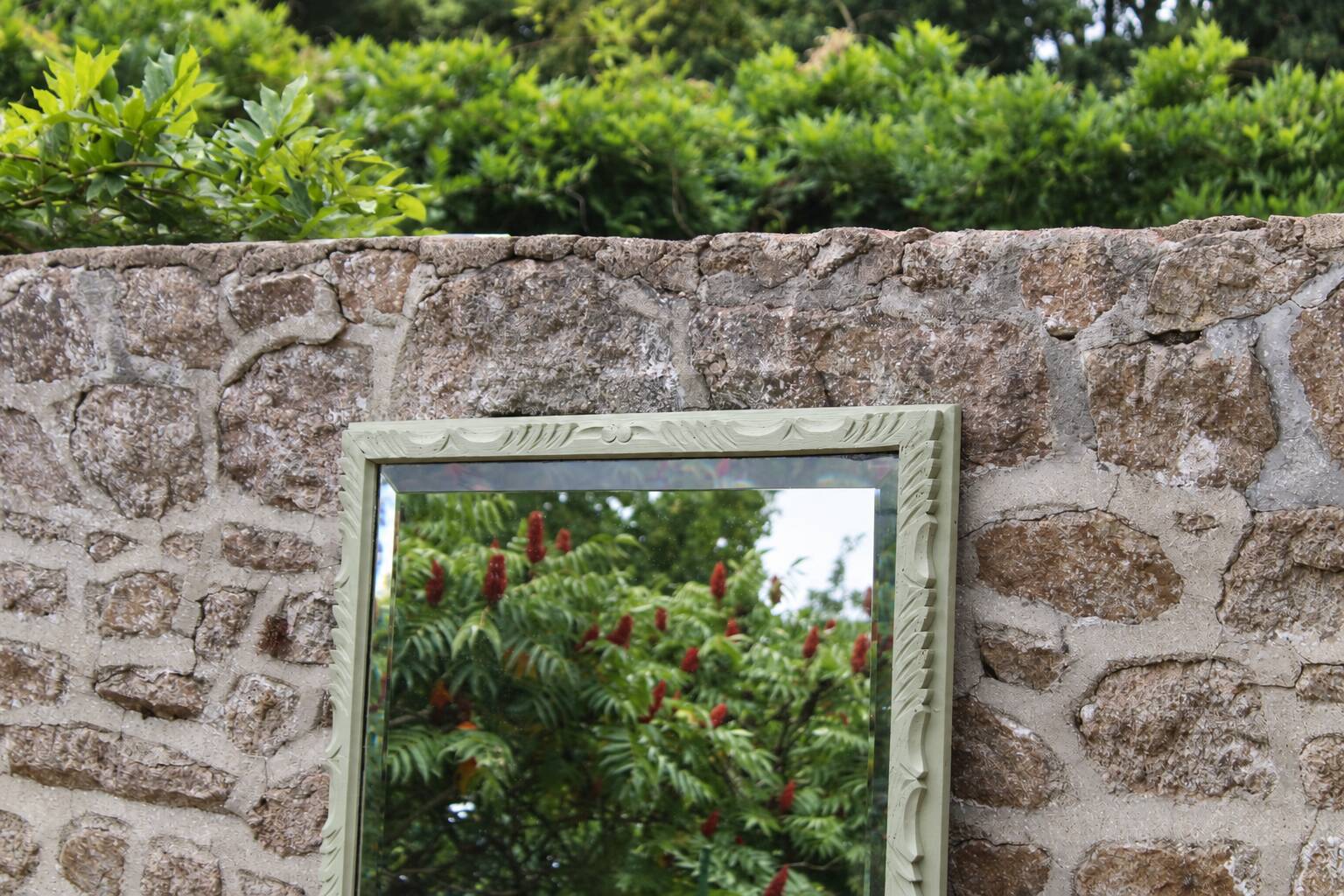 Large antique bevelled mirror in carved solid wood, green lizard – 129 × 75