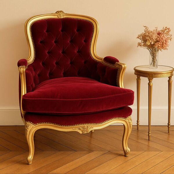 Fauteuil style Louis XV en bois doré et velours rouge