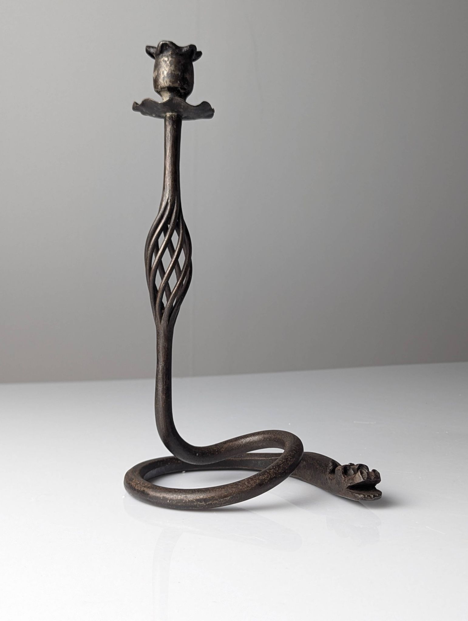 Wrought iron candelabra with dragon head, Samuel Yellin style, 20th century
