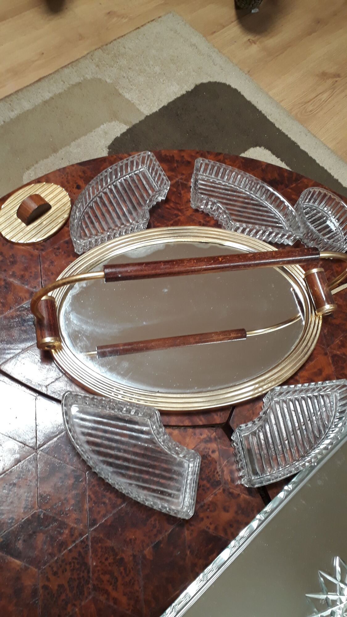 apero art deco tray, mould glass, wood and golden aluminum, mirror