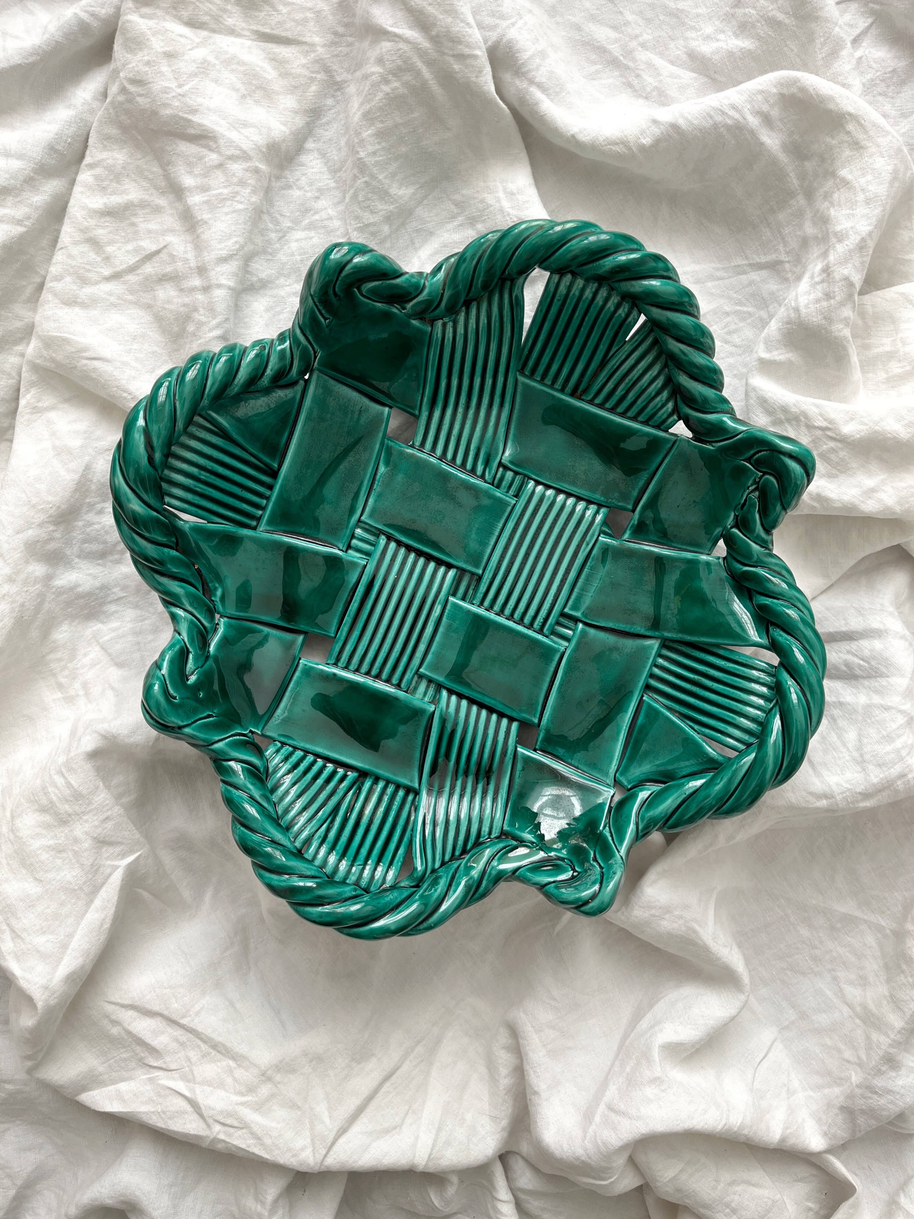 Vintage woven ceramic fruit bowl basket