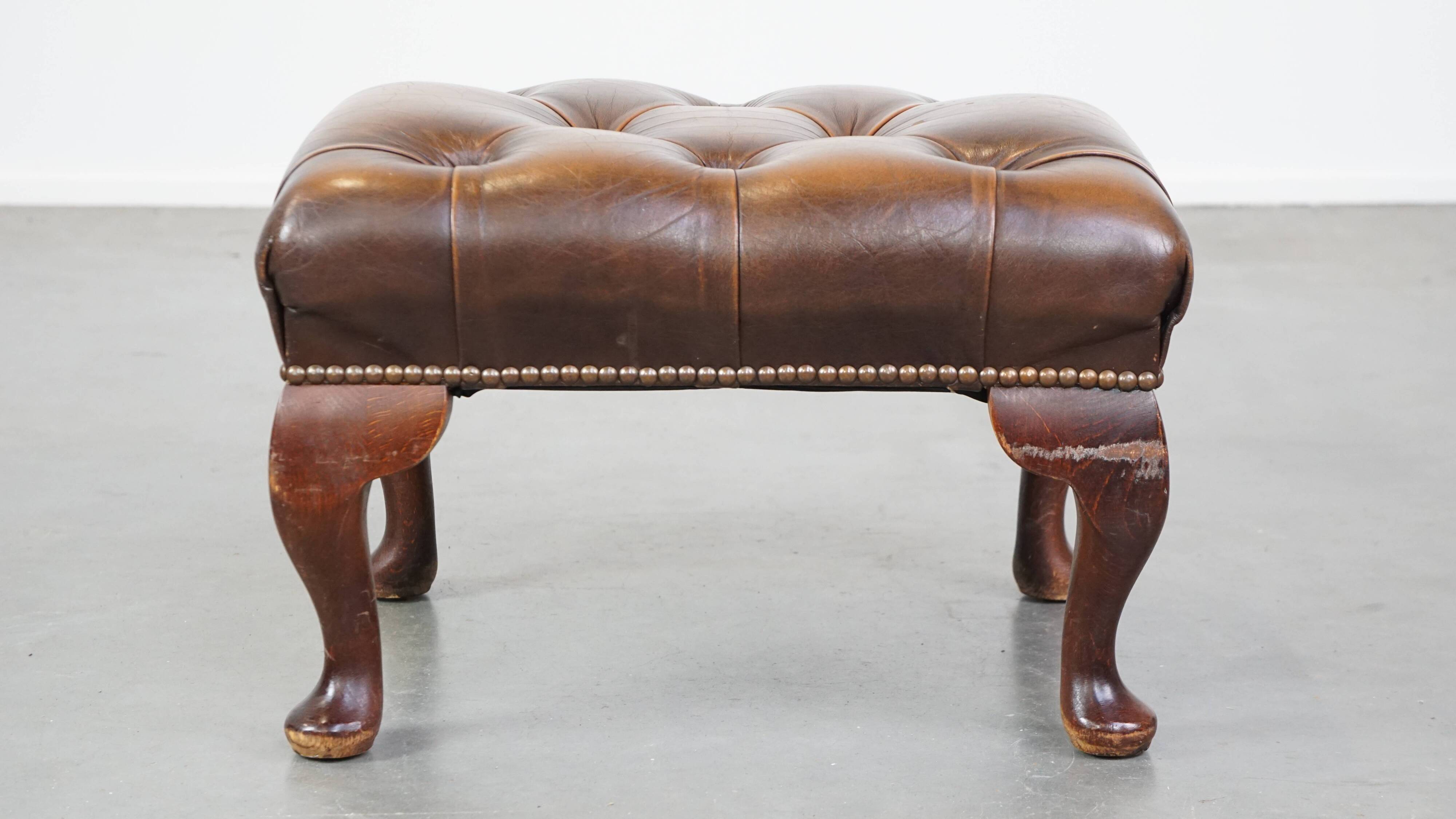 Brown cow leather chesterfield footstool