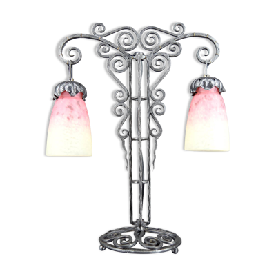 Importante Lampe Bicéphale en Fer Forgé par Schneider, Art Déco, c. 1920