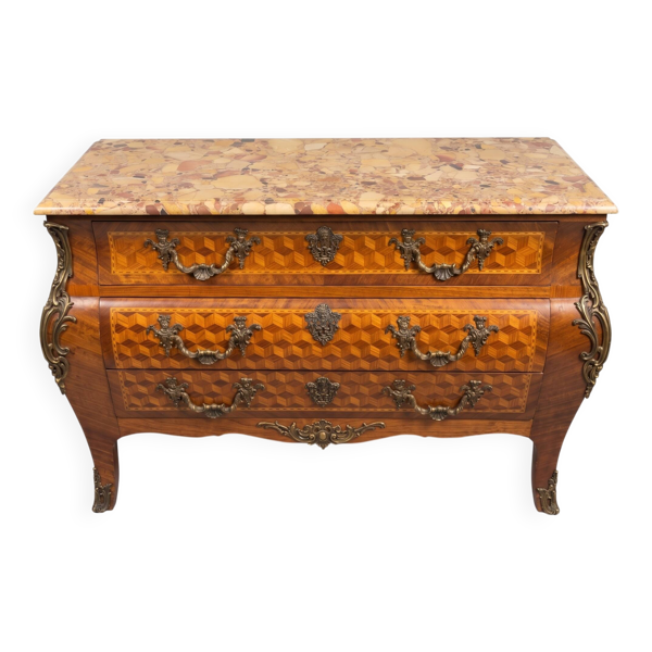 Magnifique commode style Louis XV marquetée – plateau marbre – bronzes – excellent état