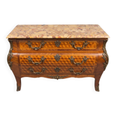Magnifique commode style Louis XV marquetée – plateau marbre – bronzes – excellent état