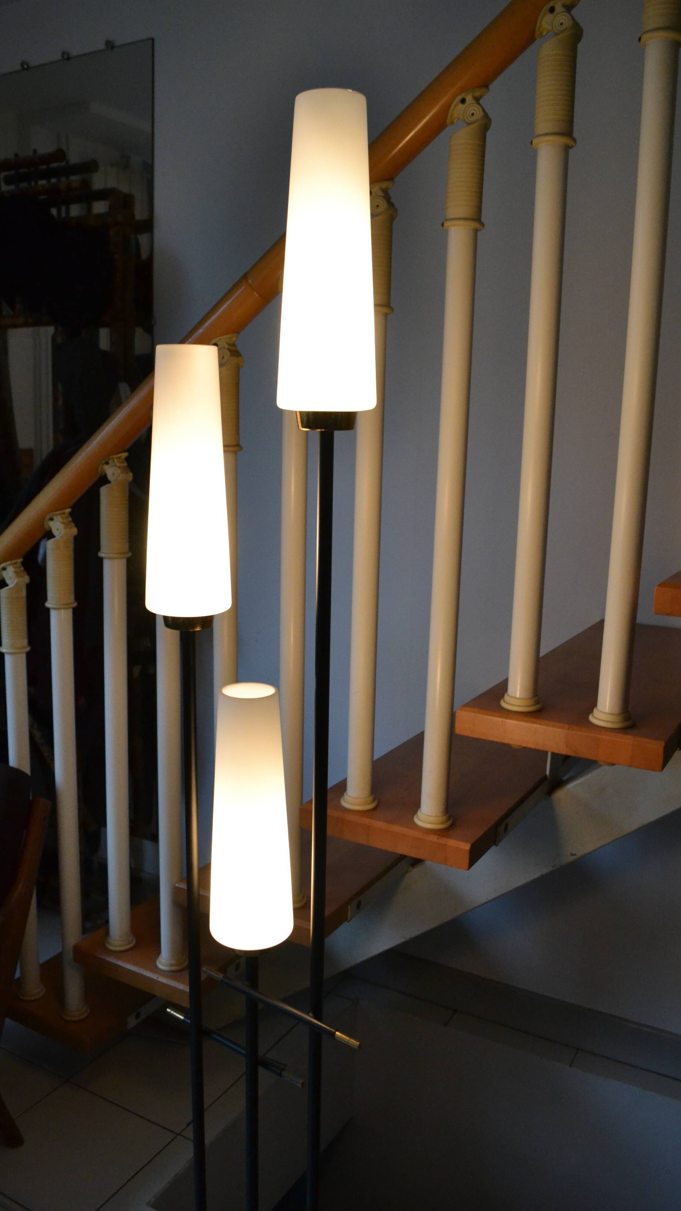Vintage floor lamp Maison Arlus 3 lights opaline metal