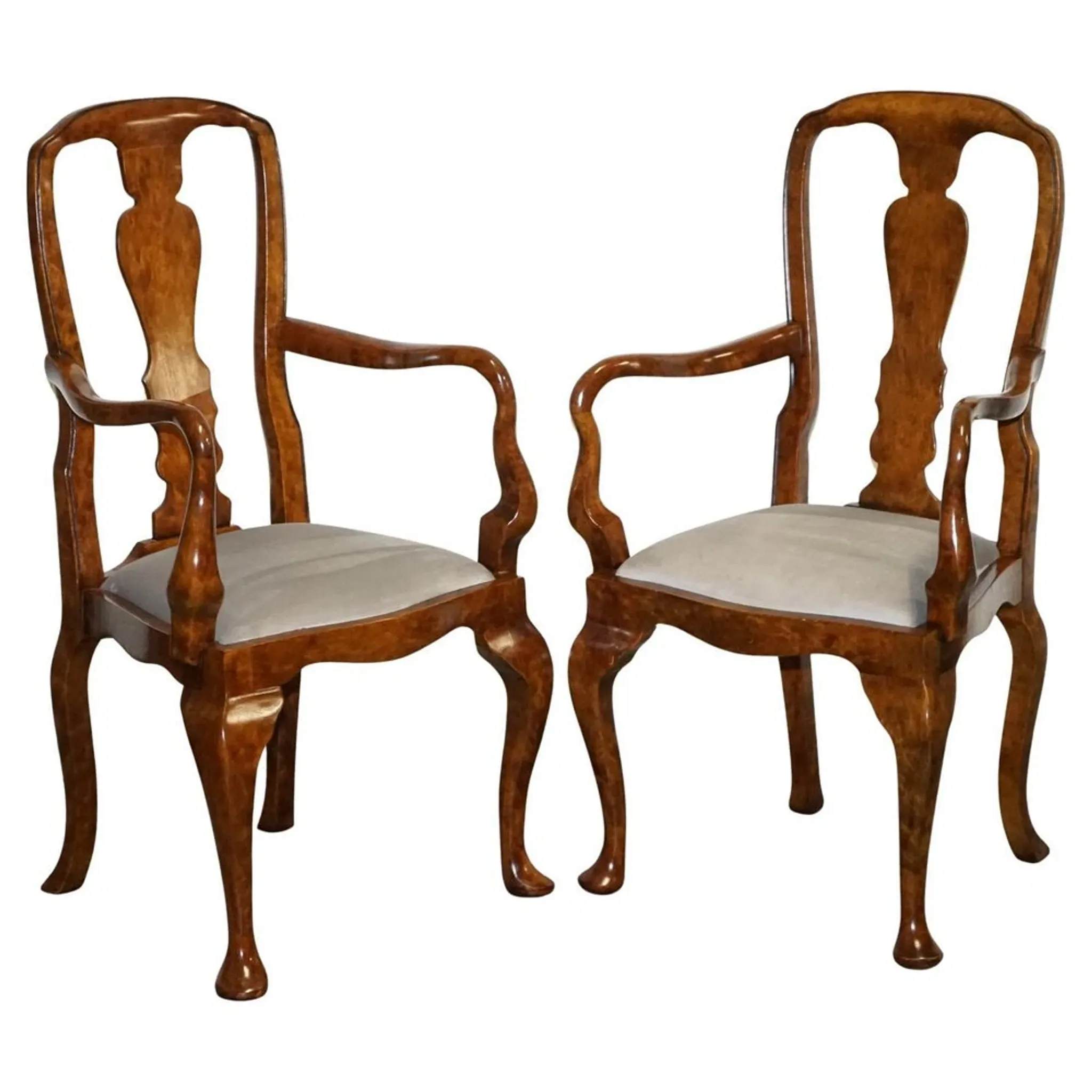 Art Deco Queen Anne Style Armchairs in Walnut Burl, 1920s, Set of 2