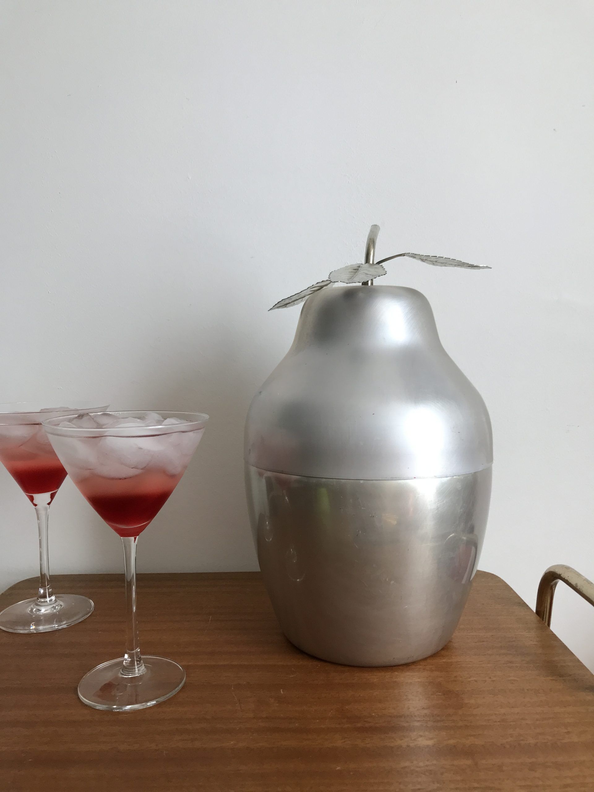 LARGE PEAR OR QUINCE IN BRUSHED ALUMINUM ICE BUCKET MADE IN ITALY AROUND 1970