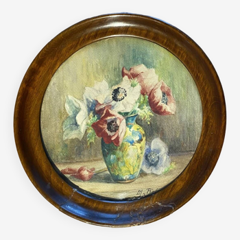 Old painting, still life with anemones, signed, 20th century