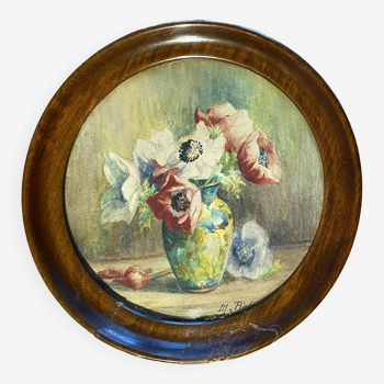 Tableau ancien , nature morte aux anémones , signée, XX siècle